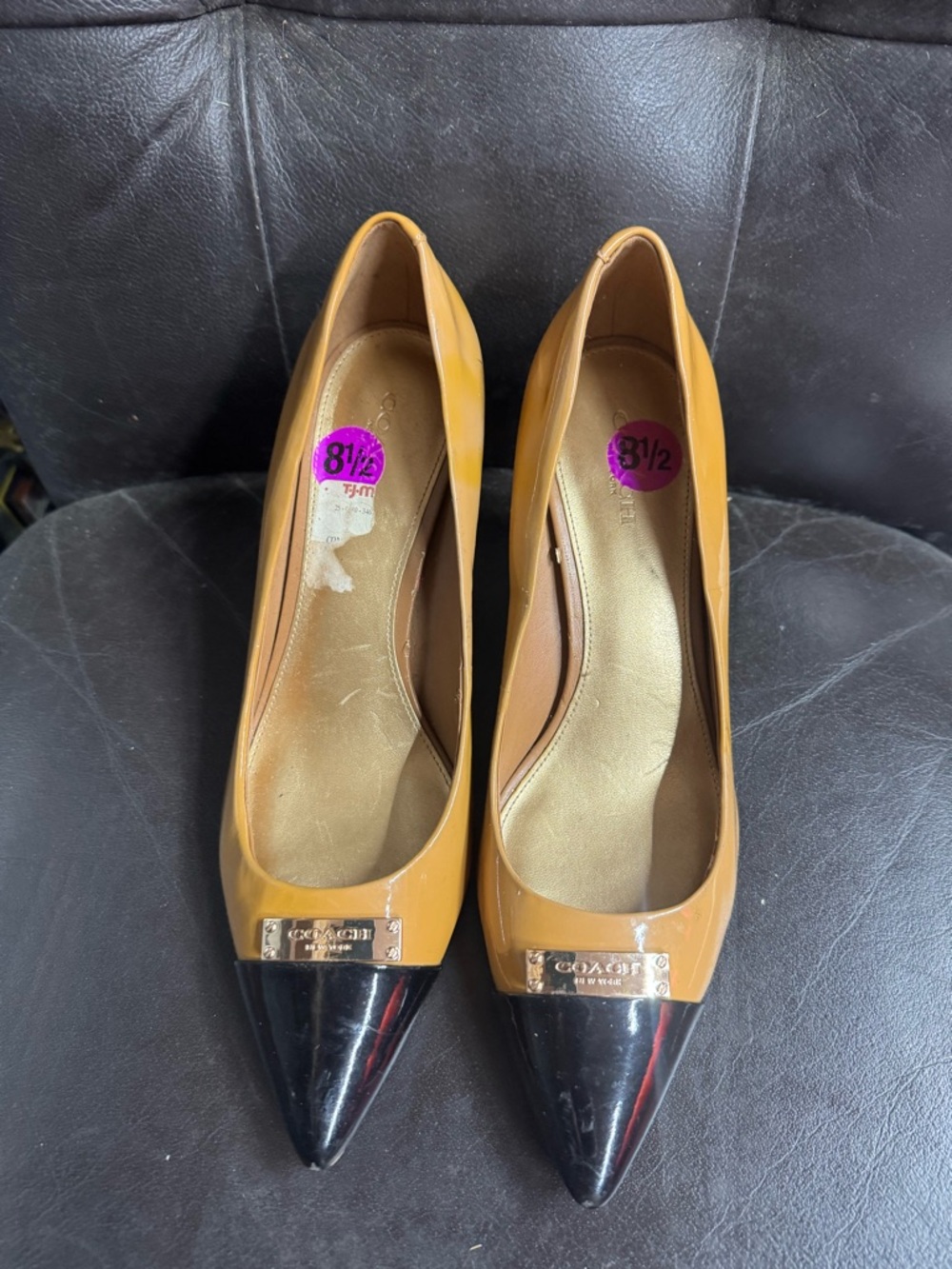 Coach Two-Tone Pointed Pumps in Tan and Black Patent